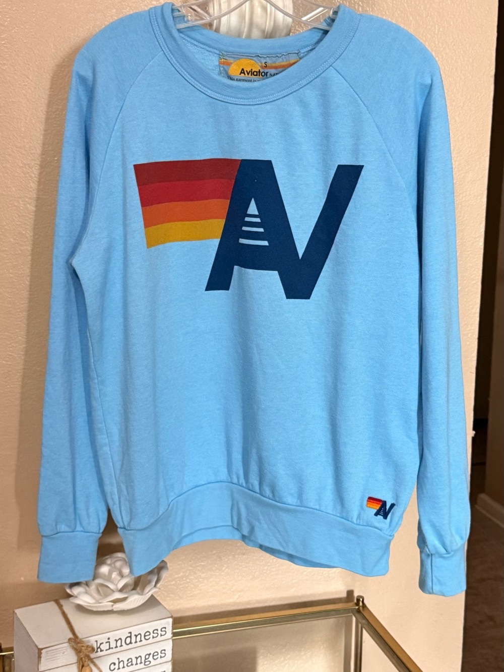 Aviator Nation Sky Blue Crewneck with Navy Logo & Sunset Stripes